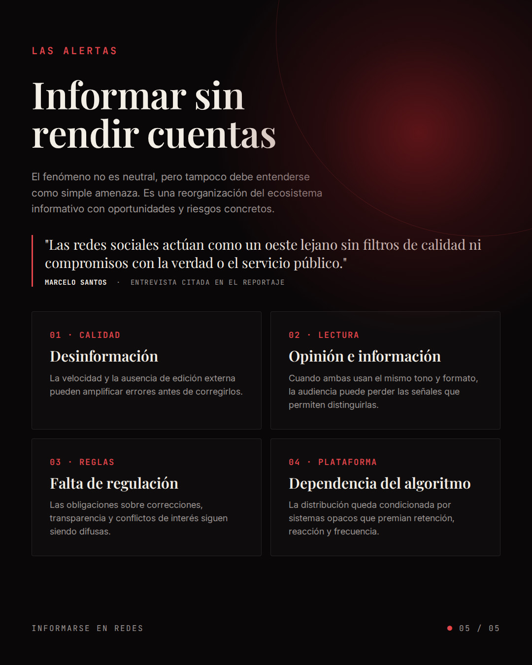 Slide sobre las alertas del fenómeno newsfluencer: desinformación, opinión e información, falta de regulación y dependencia del algoritmo.