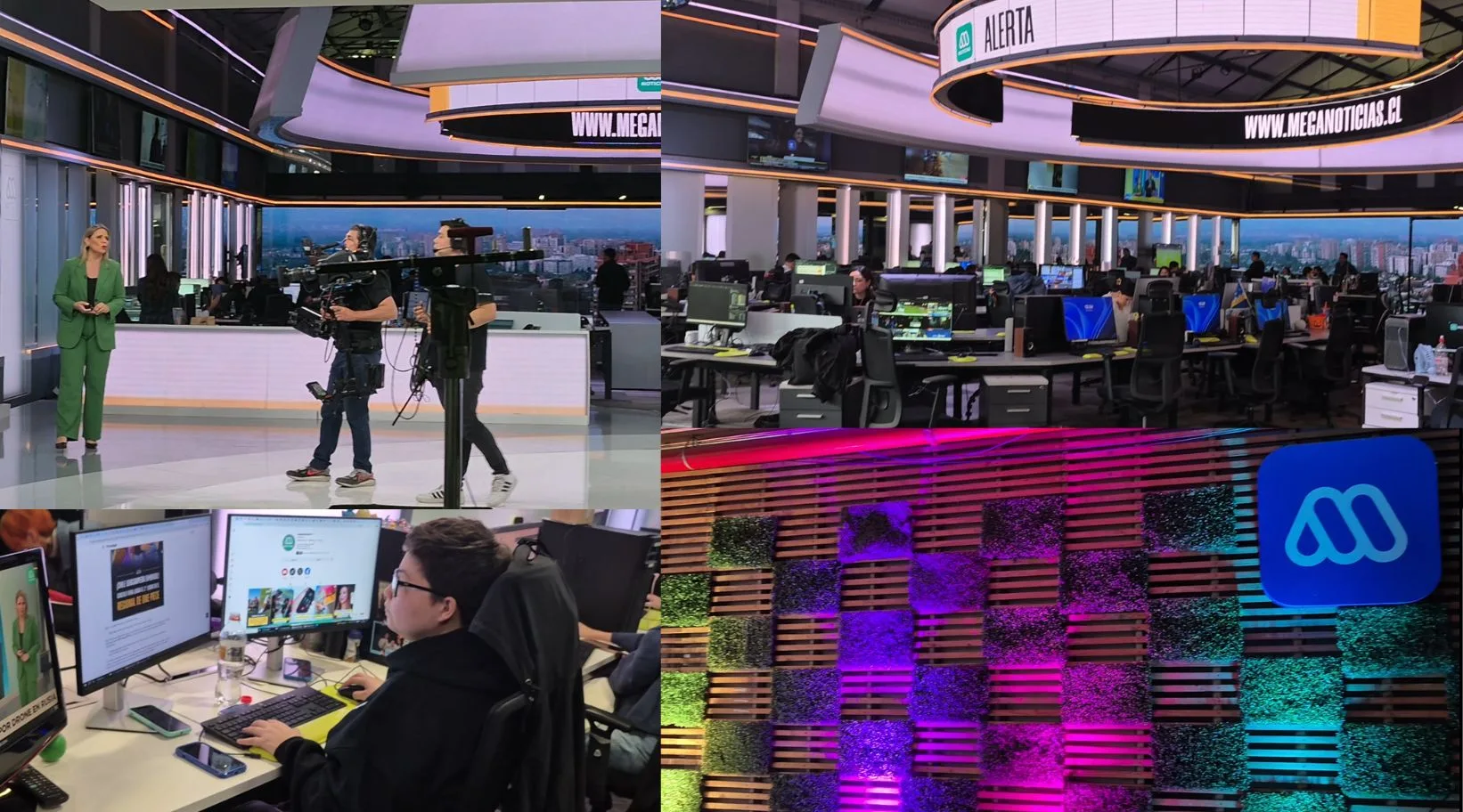 Sala de prensa o estudio de televisión de Mega con pantallas y equipamiento audiovisual.